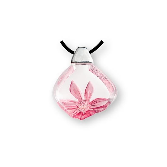 Pink Anemone Flower Crystal Necklace with Silver Cap 