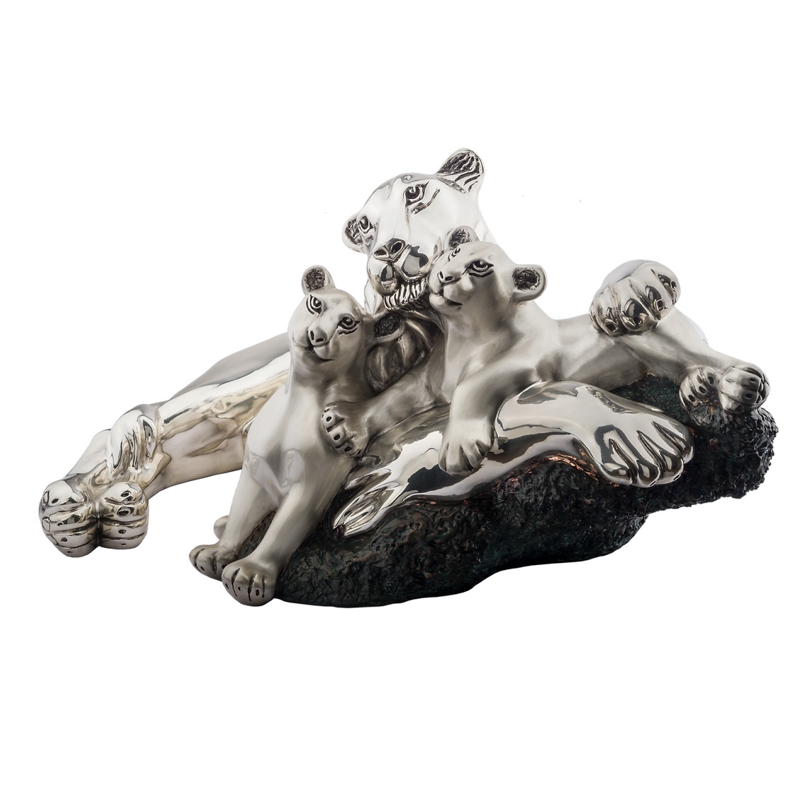 Silver Lioness and Cubs Sculpture