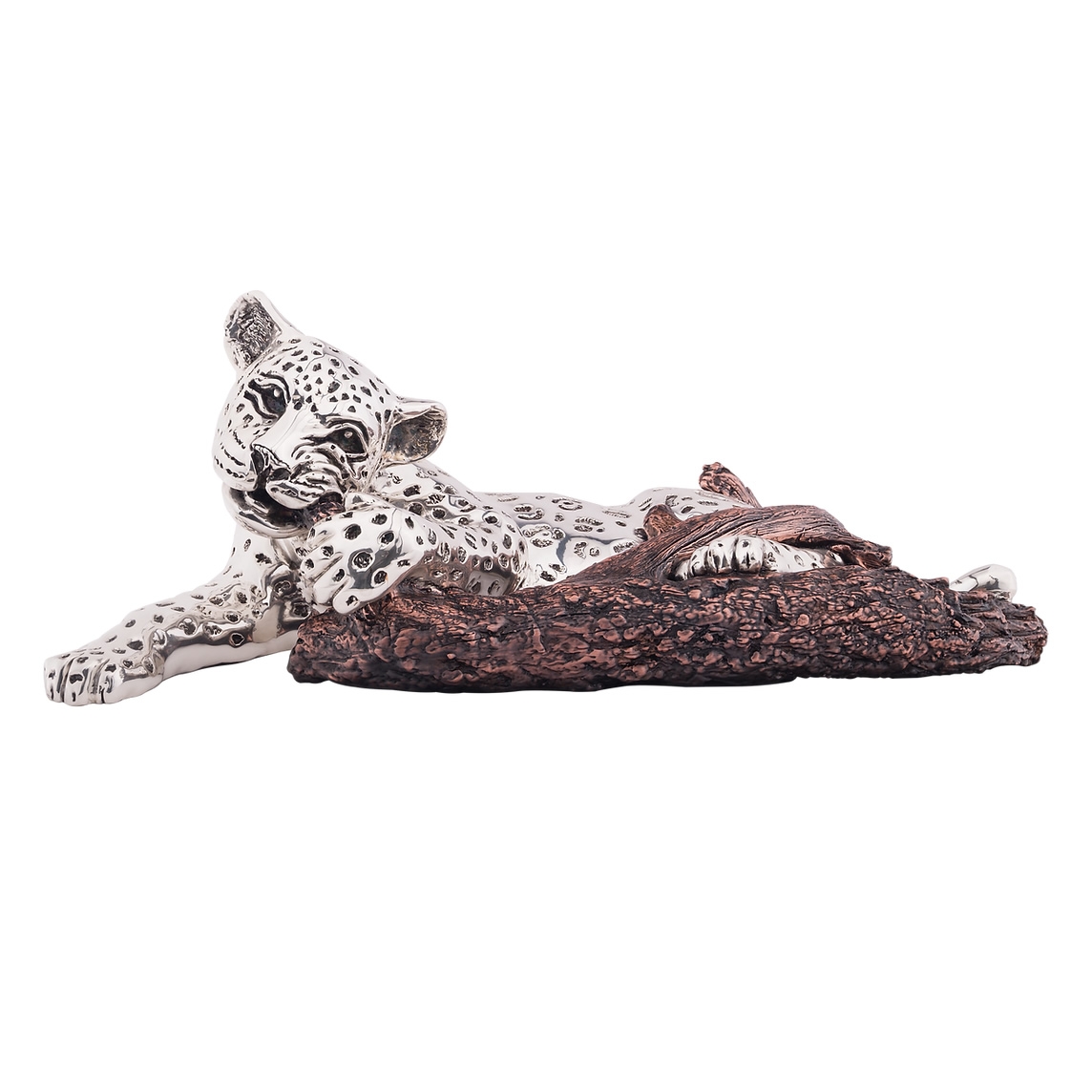 Silver Leopard Cub with Branch Sculpture