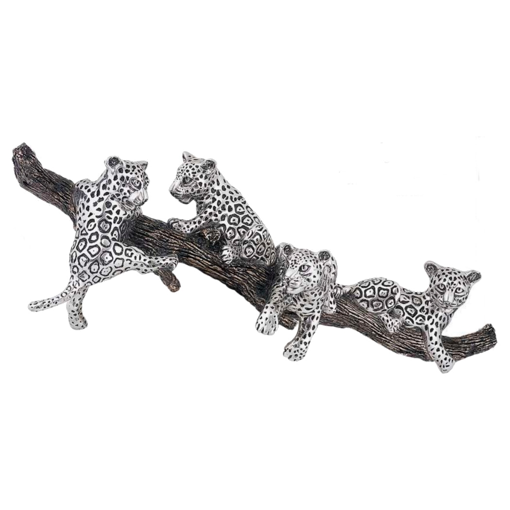Silver Jaguar Cubs on Branch Sculpture