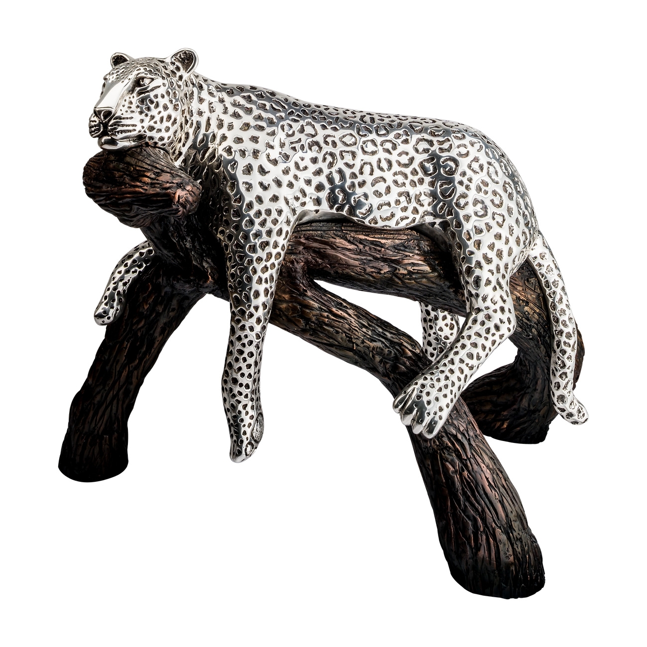 Silver Leopard on Branch Sculpture