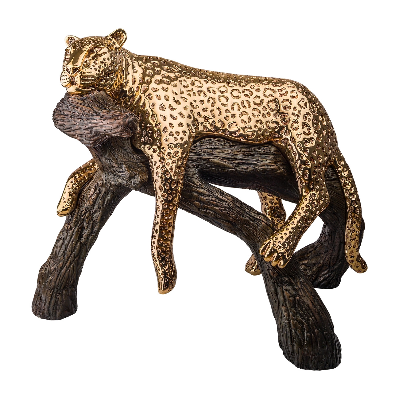 Gold Leopard on Branch Sculpture
